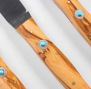 Set of Table Knives in Sardinian Olive Wood with Turquoise